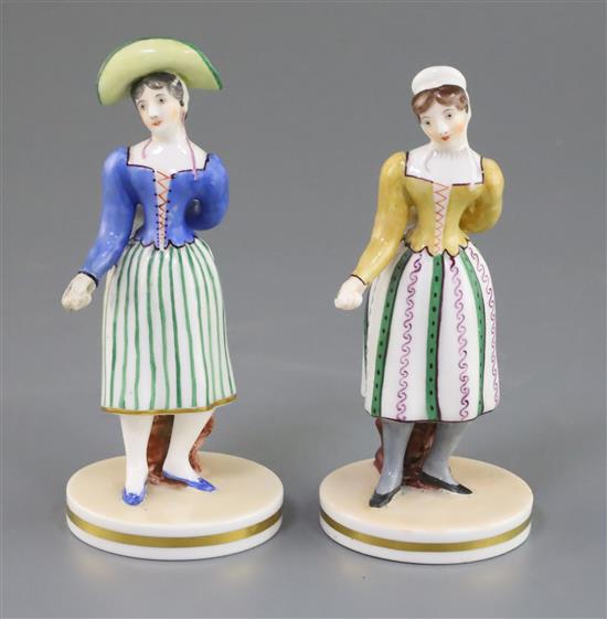 Two Chamberlains Worcester porcelain figures of Madame Vestris, c.1830, H.13.2cm and 13.5cm, some restoration